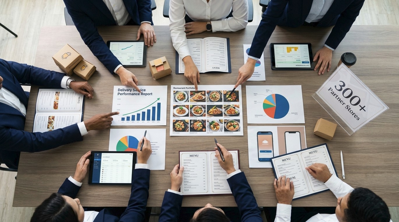 300店舗以上の支援実績を持つ公式のロケットナウ代理店のサポートチーム。「ロケットナウ 加盟」で飲食店を成功へ導くためのミーティング風景。