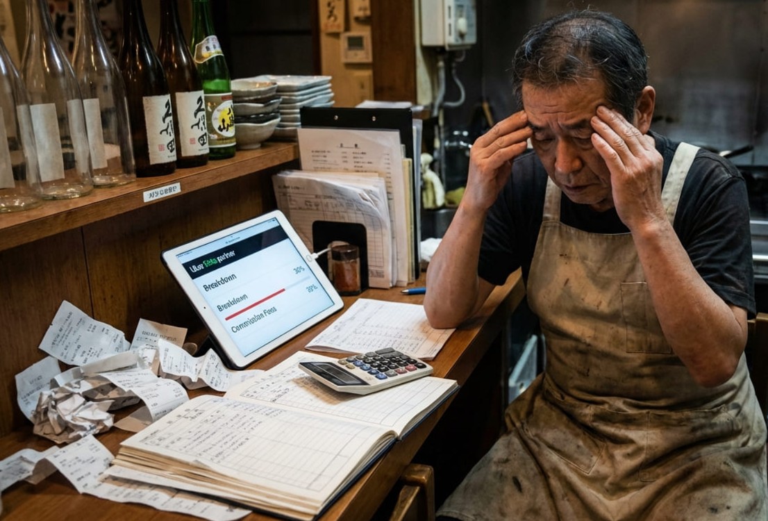 デリバリーの高い手数料や面倒な手続きに頭を抱える飲食店オーナーの姿。「ロケットナウ 加盟」でその深刻な課題を解決します。