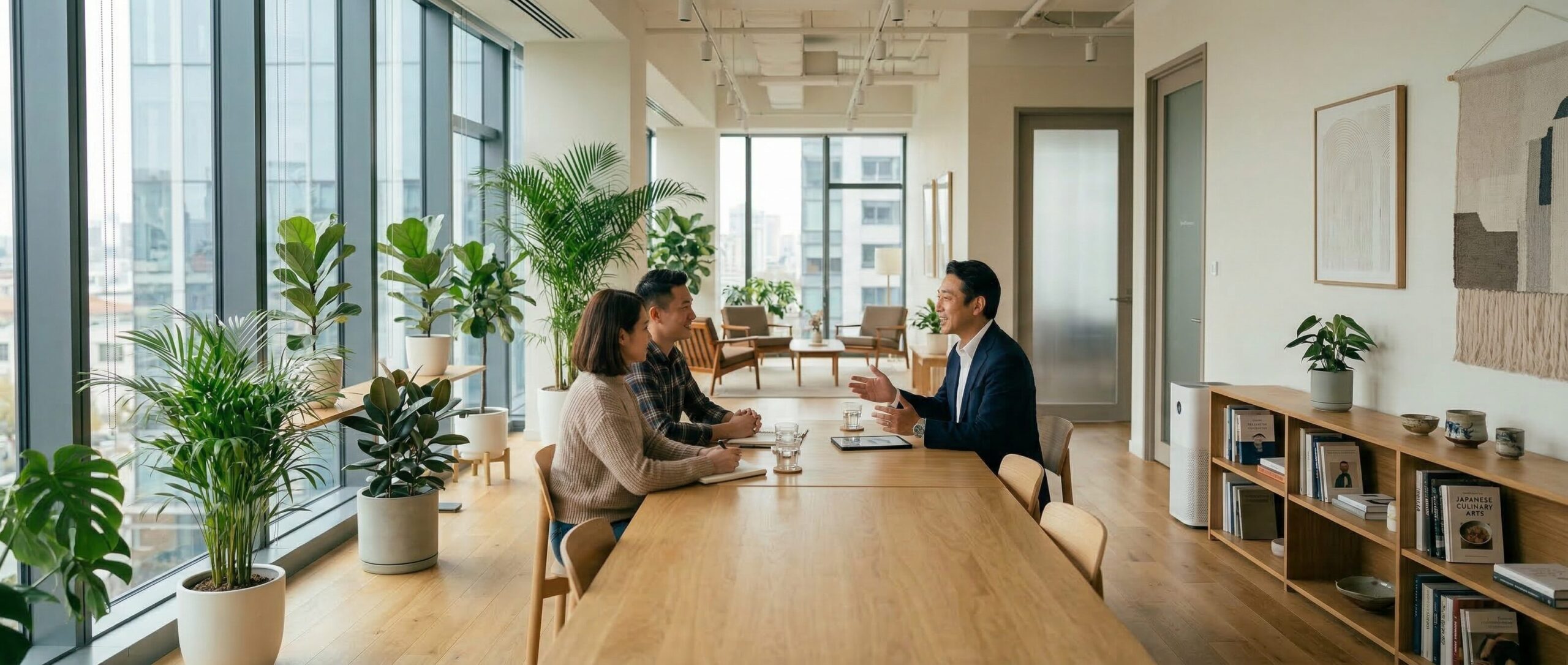明るいオフィスでリラックスして面談する飲食店オーナーと担当者。「ロケットナウ 加盟」において強引な営業を一切しない公式代理店の誠実なサポート姿勢を表す画像。