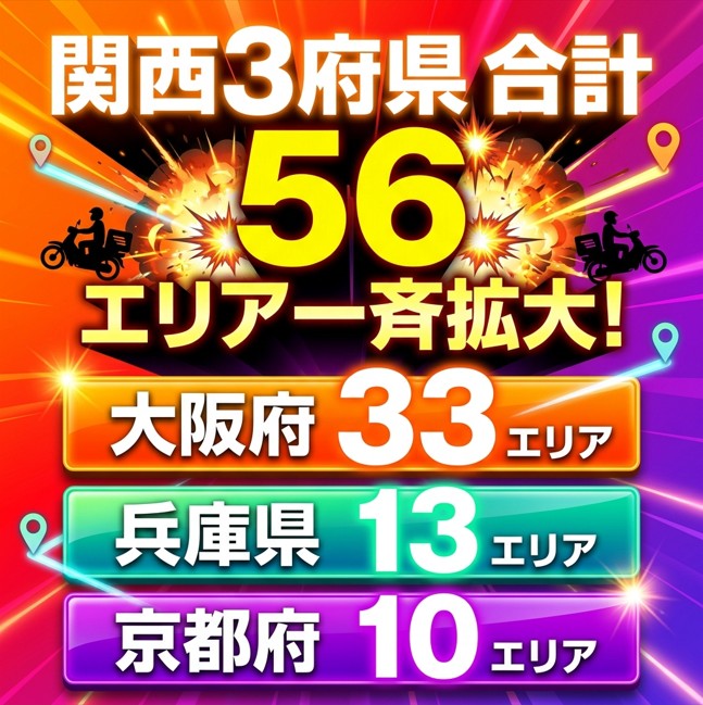 関西3府県合計56エリア一斉拡大！大阪府33エリア、兵庫県13エリア、京都府10エリアと記載された、ロケットナウ（Rocket Now）の対象地域拡大を知らせるアイキャッチ画像。デリバリーバイクのアイコン付き。