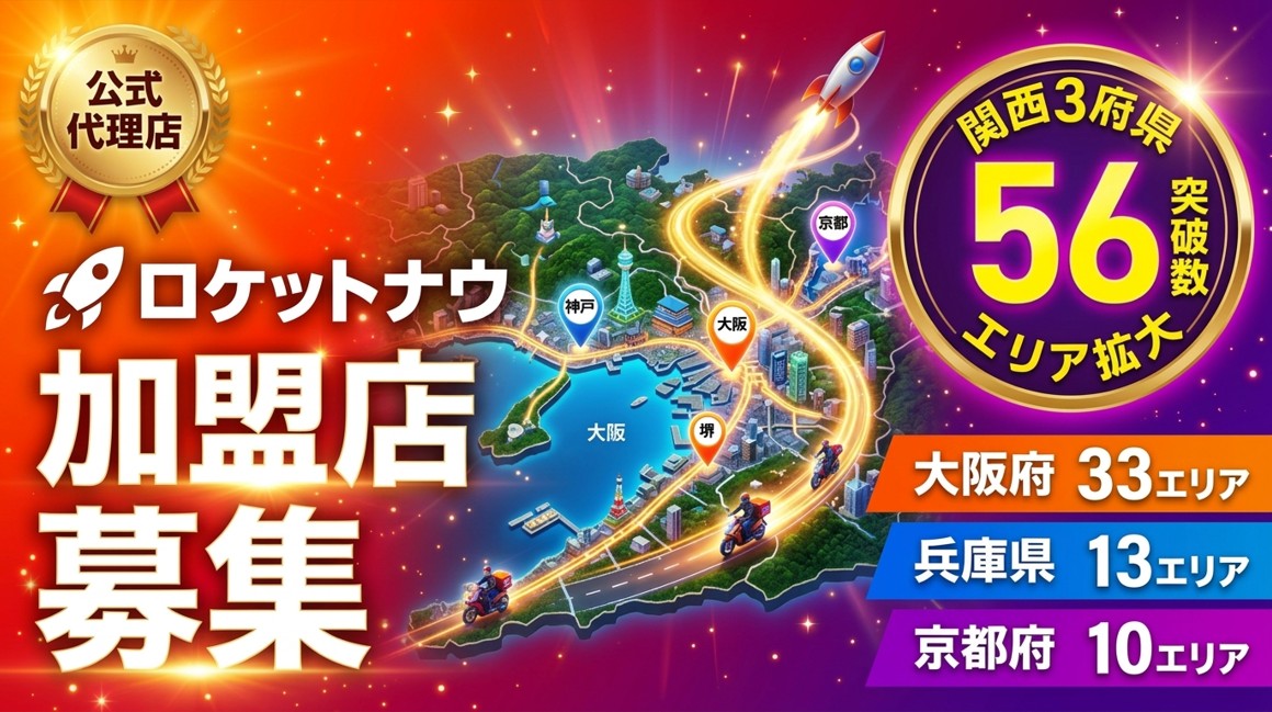 ロケットナウ公式代理店による加盟店募集のアイキャッチ画像。関西3府県（大阪府33エリア、兵庫県13エリア、京都府10エリア）合計56エリア拡大の文字と、関西の地図上を走るデリバリーバイクが描かれています。